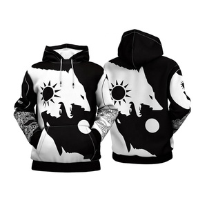 Sudadera con Capucha para Hombre, Diseño de Lobo Blanco y Negro, 100% Algodón, Corte Regular, Informal, con Diseño de Sol y Luna en el Logotipo Frontal - Product Image 1
