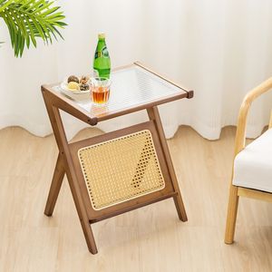 Mesa Auxiliar Estilo Boho con Tapa de Vidrio Templado y Revistero Integrado - Product Image 1