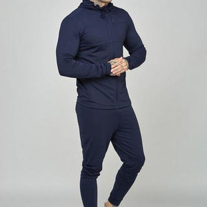 Ensemble de survêtement bleu marine à capuche pour homme, sweat-shirt et pantalon à fermeture éclair intégrale, tenue décontractée d'automne, coupe classique, en spandex et polyester, séchage rapide - Product Image 1