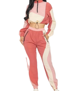 Women Color Blocking Tracksuit Set Half-<b>Zip</b> Full Sleeve Drawstring Pants Sporty Style Spring Wear - Product Image 2