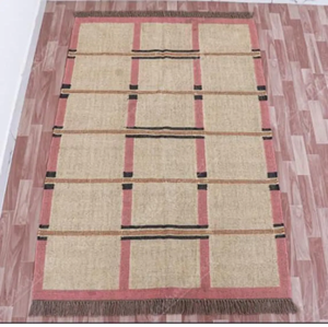 Pink Grid Wool Jute Area <b>Rug</b> Handmade Farmhouse Carpet Geometric Boho Rustic Living Room Bedroom <b>Natural</b> Fiber Floor <b>Rug</b> - Product Image 2