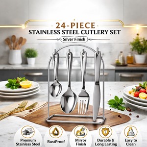 24-Piece Modern Sustainable Stainless Steel Cutlery <b>Set</b> with Stand Dishwasher Safe Premium Silver Finish <b>Spoon</b> <b>Fork</b> Knife <b>Set</b> - Product Image 6