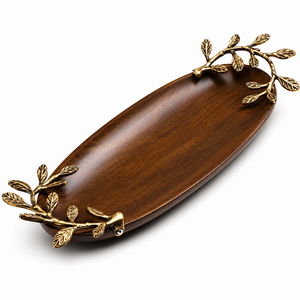 Plateau de service rectangulaire en bois de qualité supérieure avec poignées en forme de branche d'olivier argentée, plateau décoratif de luxe pour la maison - Product Image 3