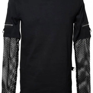 <b>Men's</b> Gothic Punk Rock Black T-Shirt with Mesh Fishnet Long Sleeves and D-Ring Hardware Details Top Selling 2026 - Product Image 5