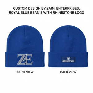 Gorro de punto acrílico prémium para hombre, 300 GSM, azul real, puño acanalado, logotipo de diamantes de imitación personalizado, gorro de invierno cálido y elástico, ajuste suave - Product Image 1