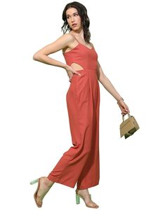 Mono rojo de tirantes finos para mujer, de cintura alta, ajuste holgado, color liso, transpirable, largo completo, estilo moderno, para primavera y verano - Product Image 1