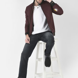Chaqueta Bomber Borgoña para Hombre, Exterior de Algodón, Cierre de Cremallera, Estilo Casual, Cuello Camisero, Color Sólido, Corte Regular, Ropa de Otoño - Product Image 5