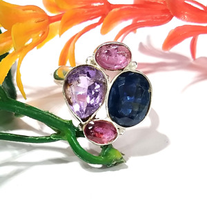 Bague Statement en Argent Sterling 925 avec Cyanite Bleue Naturelle, Améthyste, Rubis Rose, Grenat et Multiples Pierres Précieuses, Style Bohème, Sertissage Clos - Product Image 2
