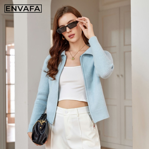 Cárdigan de punto de ganchillo con cuello vuelto para mujer, doble cremallera, manga larga, informal, elegante, cálido, antiarrugas, para otoño - Product Image 4