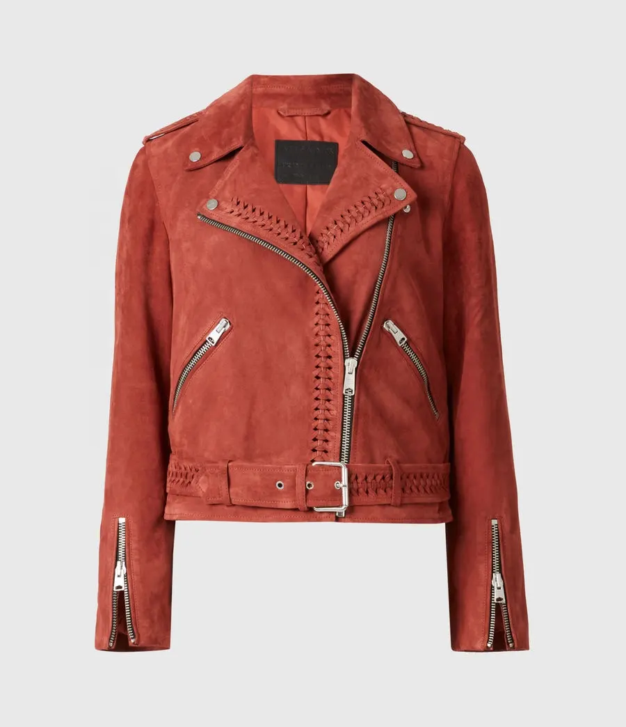 Genuine Leather Suede Leather Jacket Custom Made Logo Design Rose Madder Color Women Bomber Leather Jacket