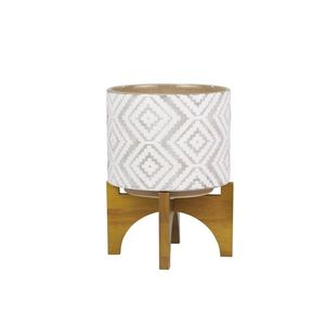 Maceta Moderna de Metal para Suculentas con Soporte de Madera, Acabado Glaseado, Patrón Irregular, Diseño Minimalista para Interiores - Product Image 6
