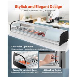 Équipement de réfrigération pour cuisine commerciale, vitrine à sushi de 2,5 pieds cubes, 7 bacs, vitrine de comptoir, verre incurvé, éclairage LED pour - Product Image 5