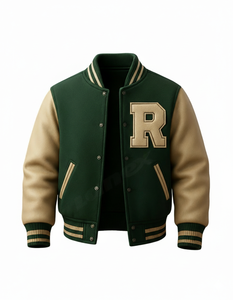 Blouson Bomber Unisexe Personnalisable Lettre R Vert & Beige Style Letterman avec Patch Chenille Logo Avant Imperméable pour Branding d'Équipes - Product Image 3
