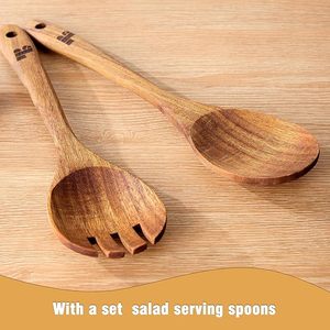 Saladiers en bois avec ustensiles de service, grands bols en bois d'acacia de 12,5 pouces pour mélanger les aliments, faits à la main, élégants, en bois naturel - Product Image 3