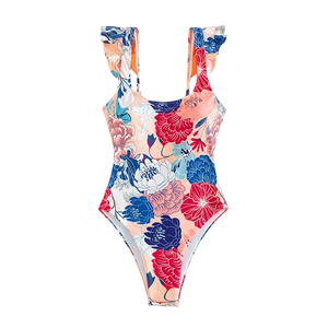 2024 Floral Printed One-Piece Sexy Beach Bikini Unisex <b>Tankini</b> Swimsuit with Front Logo Customizable High Waist Anti-UV - Product Image 1