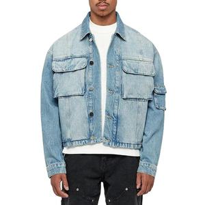 Veste en jean bleu délavé avec logo personnalisé, vêtement extérieur en denim décontracté pour homme, polyvalence mondiale - Product Image 1