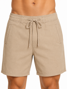 Shorts décontractés beiges pour hommes avec cordon de serrage, en coton léger, pour l'été et la plage, coupe décontractée, shorts de détente, confort quotidien, taille mi-haute - Product Image 4
