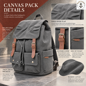 Mochila de Lona Gris Carbón con Solapa Plegable |   Mochila vintage con cordón ajustable, dos bolsillos frontales, cremallera lateral y correa con hebilla marrón - Product Image 5