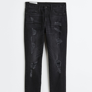 Jeans de Mezclilla Negros Desgastados de Corte Slim para Hombre, Pierna Recta, Algodón, Estilo Casual Otoñal, 100% Calidad - Product Image 3