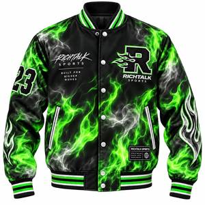 Veste varsity pour homme à imprimé flamme, en PU, col rabattu, fermeture à boutons, streetwear, vêtements d'automne - Product Image 4