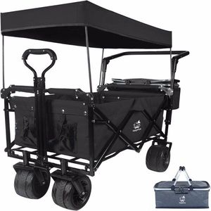 Carrello Pieghevole da Spiaggia con Tettuccio Rimovibile, Grandi Ruote per Ogni Terreno, Freno, Maniglie Regolabili, Borsa Termica (Nero) - Product Image 1