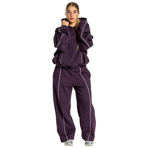 100% Cotton Burgundy Leopard Print <b>line</b> Piping contrast Women's oversized hoodie <b>pant</b> tracksuit set two piece women tracksuit - Product Image 1