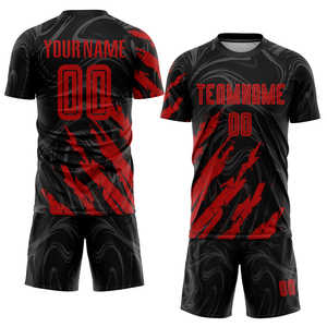 Uniforme de Fútbol Personalizado por Sublimación para Hombre, Conjunto de Camiseta de Fútbol Transpirable de Secado Rápido, Patrón de Remolino Negro y Rojo, Kits 100% Poliéster para Niños - Product Image 1