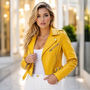 Custom Turn Down Collar Genuine Croc Embossed Leather Eco-Friendly <b>Quilted</b> Silk Lining Motorcycle Jacket Women with Belt - Product Image 4