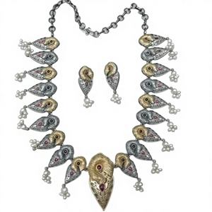 Conjunto de Collar y Pendientes Largos de Aleación de Zinc y Latón Plateado Oxidado Bicolor para Mujer, Regalo de Boda con Piedra de Nacimiento de Octubre - Product Image 1