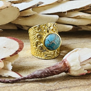 High Demand Turquoise Brass <b>Ring</b> 18K <b>Gold</b> Plated Filigree Texture <b>Ring</b> <b>Cocktail</b> Boho Floral Wholesale <b>Ring</b> For Women Chunky <b>Ring</b> - Product Image 3