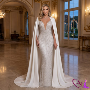 Vestido de Novia Sirena de Lujo con Adornos en Color Marfil |   Vestido de Novia con Cuello en V Profundo y Adornos de Cuentas, con Elegante Cola de Capa, Diseño de Alta Costura - Product Image 1