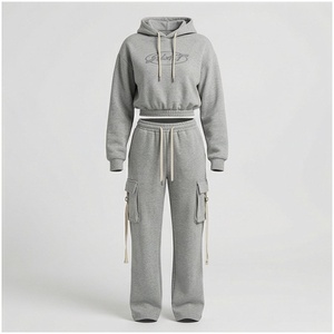 Conjunto de Sudadera con Capucha Gris y Pantalones Cargo para Mujer, Manga Larga, Corte Holgado, Color Sólido, con Cordón, Chándal Informal para Otoño - Product Image 1