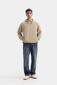 Sweat-shirt à capuche oversize pour homme, beige uni, en molleton 100% coton, décontracté, pour l'automne, coupe classique, avec poche - Product Image 1