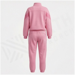 Women <b>Pink</b> Color Blocking Tracksuit Half-Zip <b>Sweatshirt</b> Jogger Pants Set Casual Autumn Wear Full Sleeve Drawstring Closure - Product Image 2