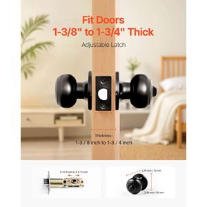 Lot de 6 poignées de porte en métal noir finition satinée, intérieur/extérieur, sans clé, avec clé en zinc et verrou à boule sans clé - Product Image 2