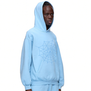 Sudadera con capucha de punto con cremallera 100% algodón azul claro, estampado de telaraña, moda de invierno, técnica lavada, impermeable y transpirable - Product Image 4
