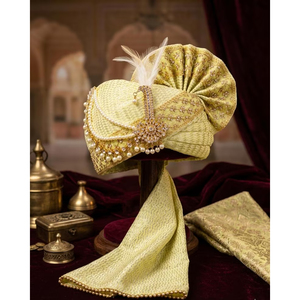 ผ้าโพกหัวสีเขียวมะนาวมุก ดีไซน์เนอร์ Royal Safa พร้อมผ้าไหม Kalgi สำหรับเจ้าบ่าว - Product Image 1