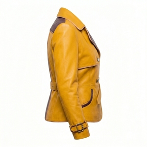 Yellow Mustard <b>Belted</b> Double Breasted <b>Leather</b> Trench Coat Womens Contrast Purple Trim Outerwear Wholesale Factory - Product Image 3