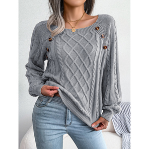 Pulls et pulls tricotés gris M à manches longues pour femmes avec boutons à col carré pour l'automne hiver 2023 - Product Image 1