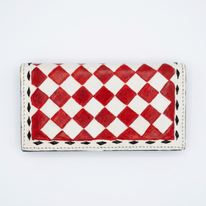 Red White Color Diamond Lattice Geometric Pattern Genuine Leather Long Fold <b>Wallet</b> Handmade Women's Fashion Daily Use Portable - Product Image 1