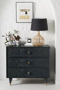 Luxury Handcrafted Solid Wood 3 Drawer Dresser Ornate Peacock Floral Vine Carving Matte Black Finish - Product Image 6