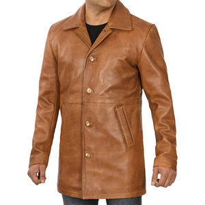 Manteau long en cuir véritable pour homme, col à revers, simple boutonnage, coupe classique, marron, boutons sur le devant, imperméable et respirant - Product Image 6