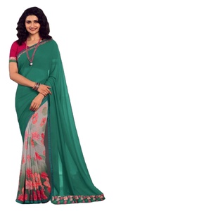 Indian Women's Floral Print Geoegette <b>Saree</b> with Unstitched <b>Blouse</b> Piece Traditional Ethnic Party Wear Faux Fur - Product Image 1