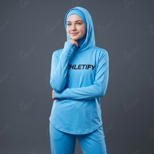 เสื้อฮู้ดสำหรับวิ่งมุสลิมะฮ์ พิมพ์โลโก้ได้ตามต้องการ ระบายความชื้นได้ดี เหมาะสำหรับการฝึกซ้อม มีฮู้ดด้านในแบบเรียบร้อย พร้อมช่องสำหรับนิ้วโป้ง - Product Image 1