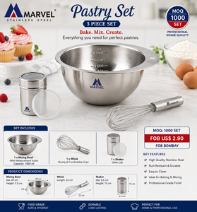 3-Piece Stainless Steel <b>Baking</b> Tool <b>Set</b> Measuring Mixing Bowl, Wire Whisk & Sugar/Flour Shaker - Product Image 3
