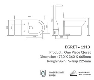 ฝารองนั่งชักโครกแบบนุ่มนวลปิดเบา รุ่นวันพีซ ขนาด 730x360x665 มม. แบบ S-Trap 225 มม. พร้อมระบบ Wash Down - Product Image 3