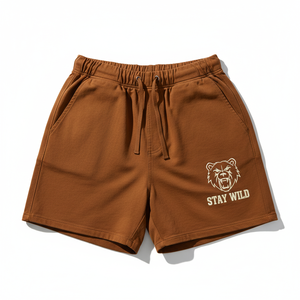 Men's Brown Polyester Canvas Shorts Front Embroidered Bear Logo Stay Wild <b>Elastic</b> Waist Casual Mid Quick Dry Breathable - Product Image 1