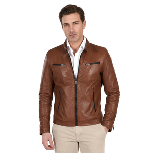 Veste en cuir marron pour homme, col montant, fermeture éclair, coupe ajustée, style automne - Product Image 4