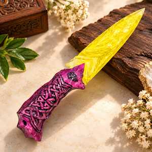 Daga de cristal amarillo hecha a mano con mango morado – Cuchillo decorativo de fantasía y regalo único - Product Image 2