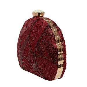 Maroon <b>Sequins</b> Embroidery D-Shape Clutch Bag Designer Party <b>Handbag</b> for Women Wedding Occasions - Product Image 2